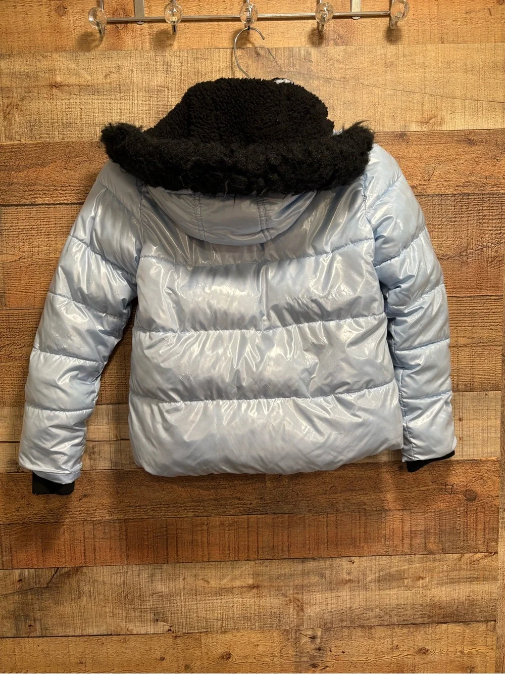 Justice Girls Puffer Coat Size 7/8 Shiny Blue Sherpa Lined Hooded Jacket K020